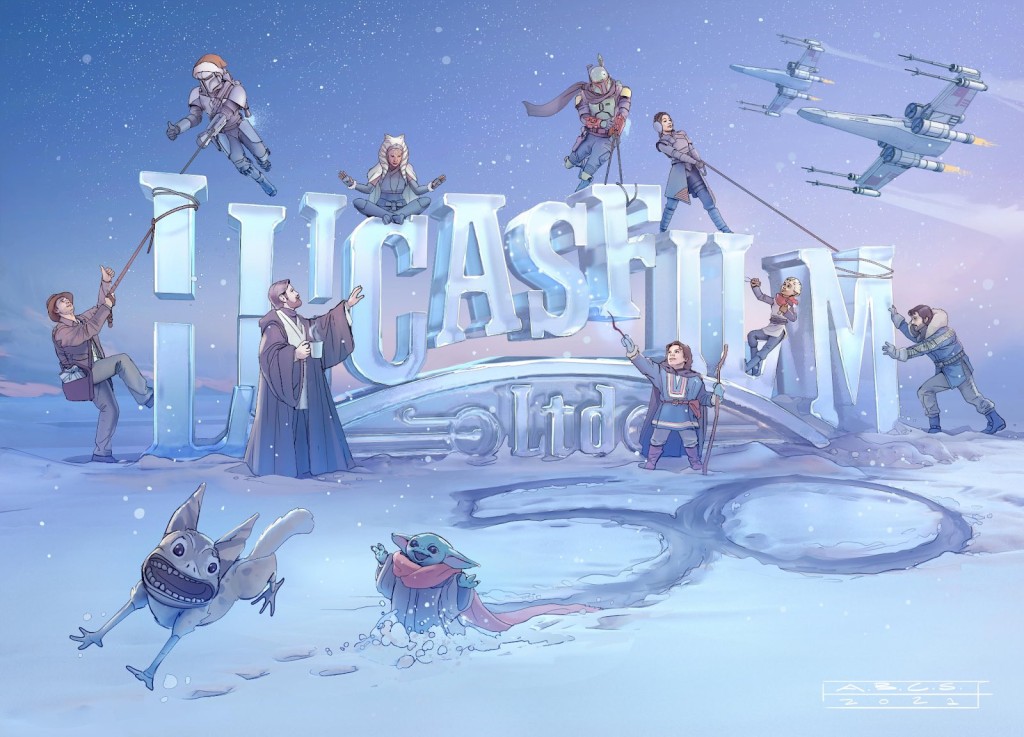 The Lucasfilm Holiday 2021 Card, featuring art by Amy Beth Christenson. 